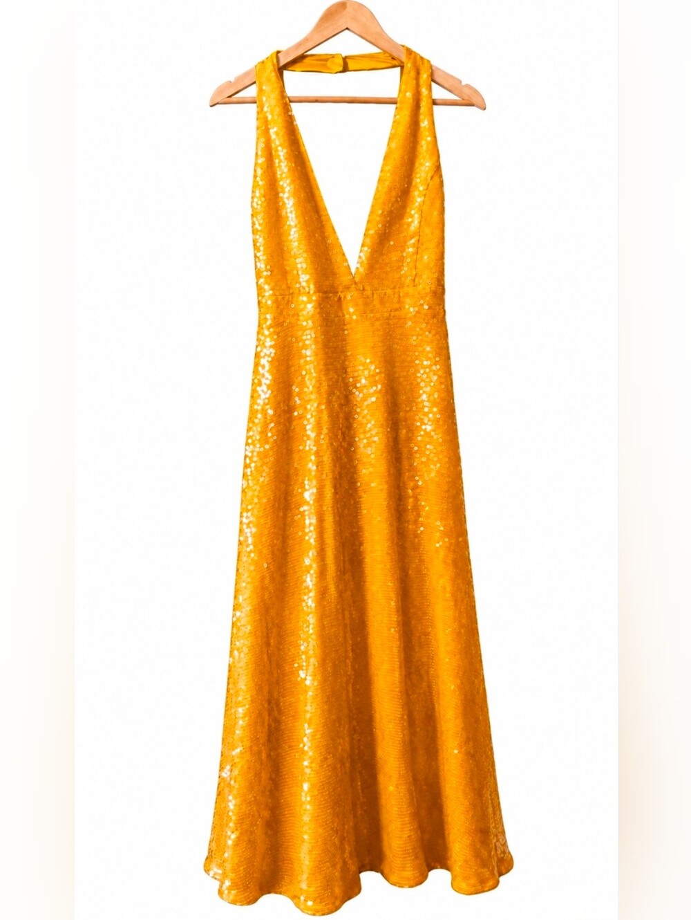 Markarian Valerie Saffron Sequin Halter Midi Dress Size 10 NWT $2595